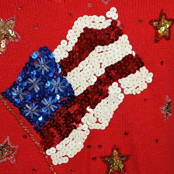 WOMENS VINTAGE QUACKER FACTORY PATRIOTIC SEQUIN FLAG SWEATER, SMALL - Picture 6 of 12